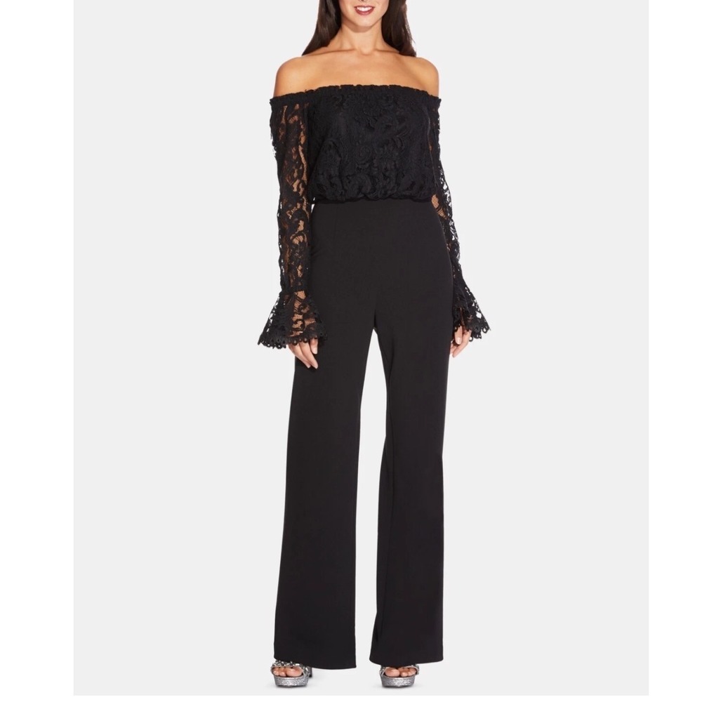 Adrianna Papell Black Lace Off the Shoulder Jumpsuit Bell Sleeve Size 2 Evening